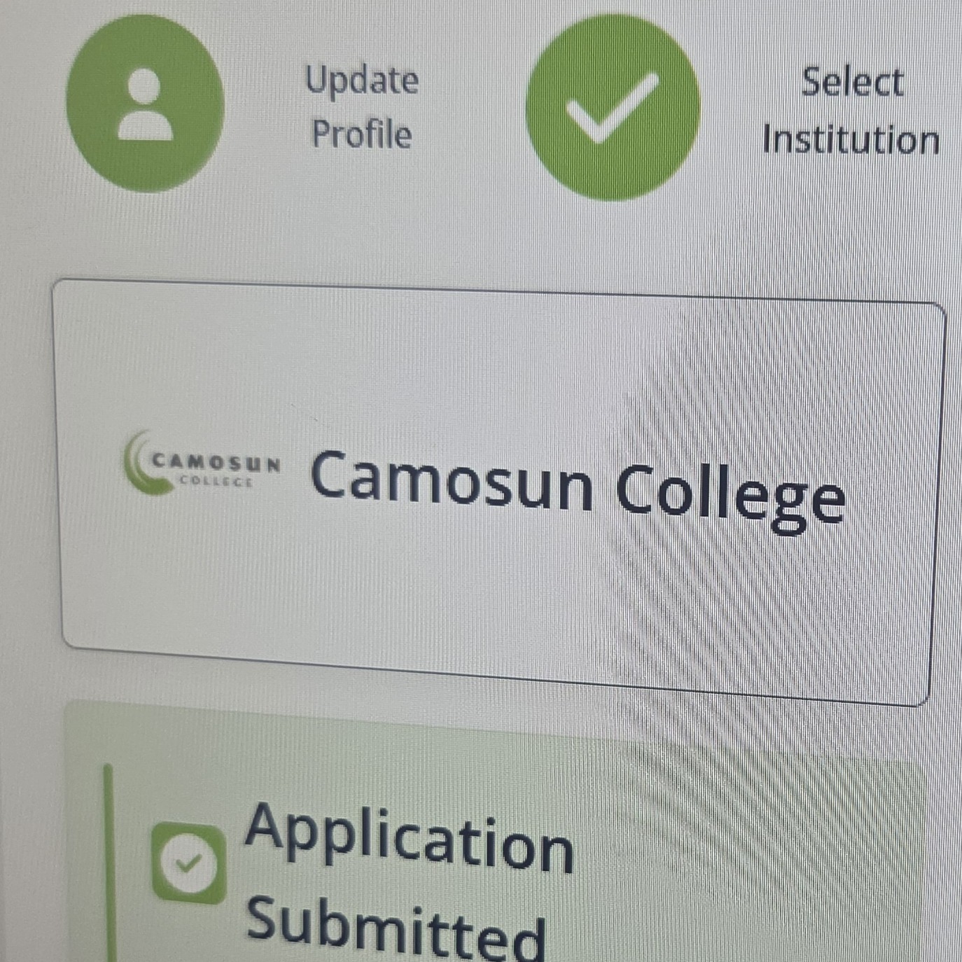 A cropped computer screen showing an 'application submitted' message displayed beneath the Camosun College logo.